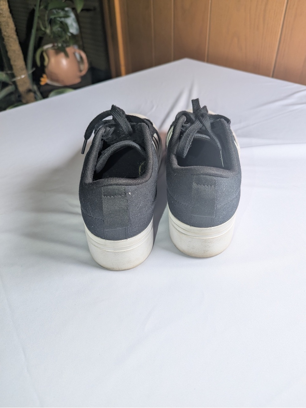 Adidas women’s Black Canvas Low-Top Sneakers with White Stripes - Picture 4 of 7